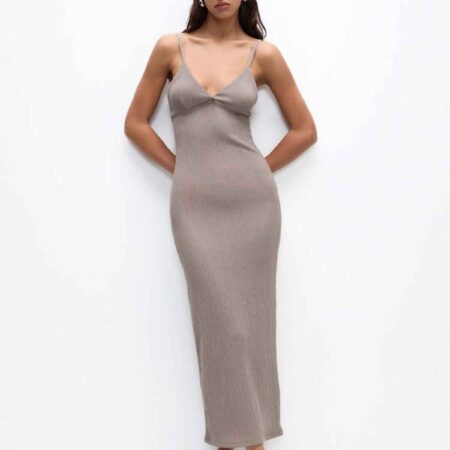 Strappy crepe midi dress pale mink